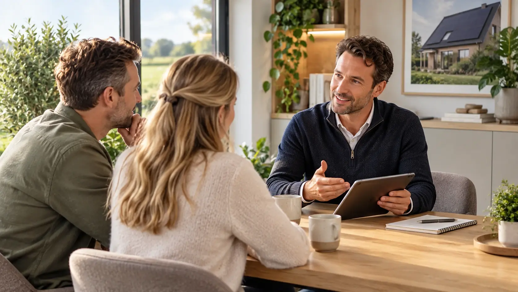 Adviseur bespreekt energieoplossingen met een stel aan tafel