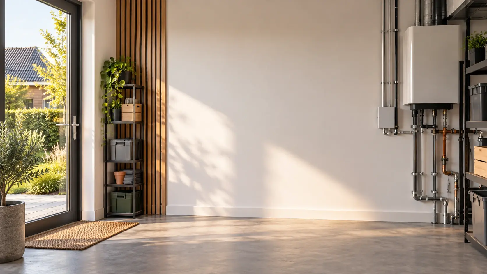Lichte berging met een vrije wand: een plek waar een thuisbatterij geplaatst kan worden